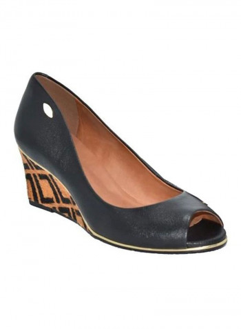 Wedge Heeled Peep Toe Pumps Black/Brown