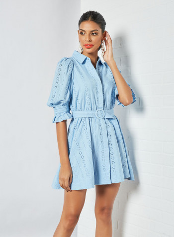 Broderie Belted Shirt Dress Light Blue