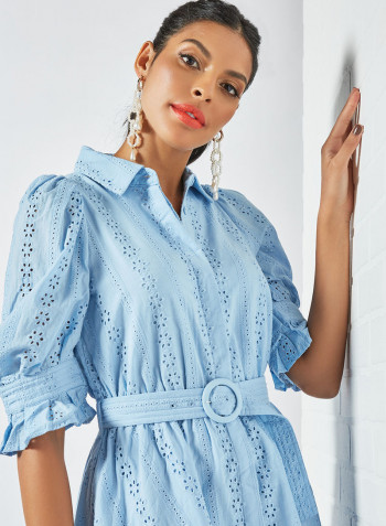 Broderie Belted Shirt Dress Light Blue