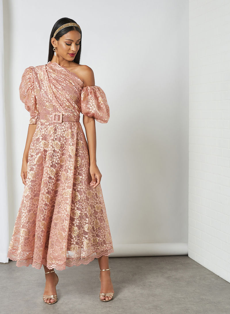 Asymmetric Neck Metallic Lace Dress Pink