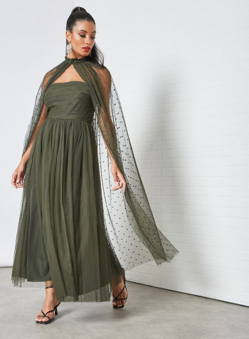 Flocked Cape Mesh Dress Green