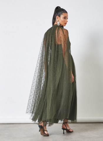 Flocked Cape Mesh Dress Green