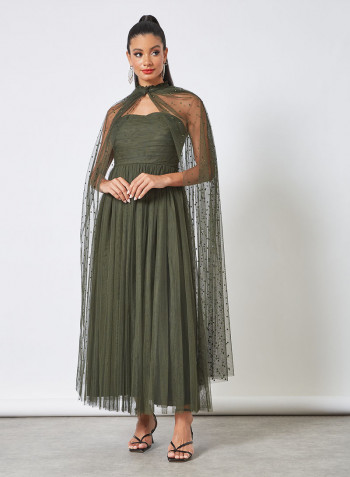 Flocked Cape Mesh Dress Green