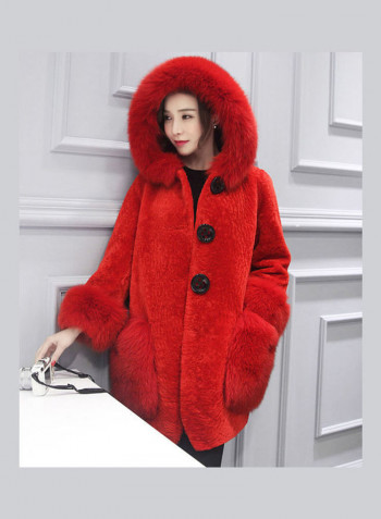 Long Artificial Hair Buttons Woolen Overcoat Festive Red