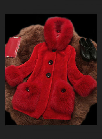 Long Artificial Hair Buttons Woolen Overcoat Festive Red