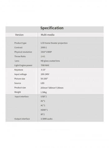 HD Home Projector PAS0760US-2 White