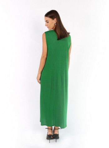 Casual Pleat sleeveless maxi Dress Green