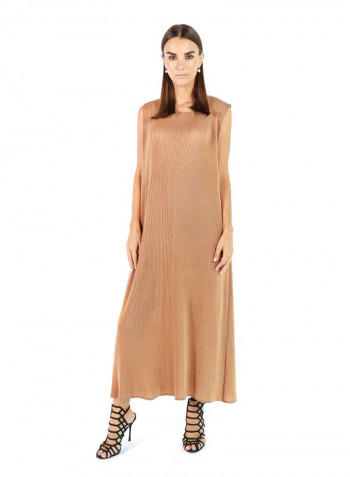 Casual Pleat short_sleeve maxi Dress Tan