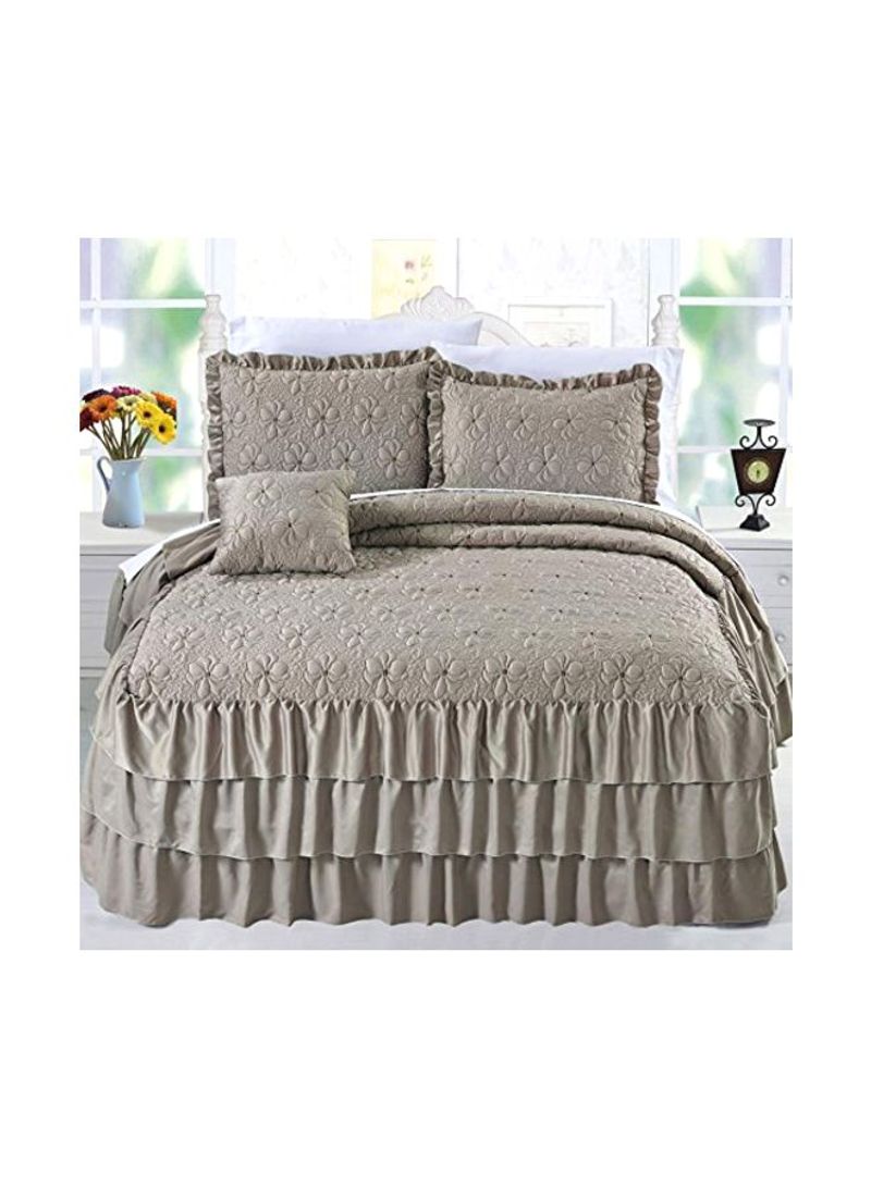 4-Piece Matte Satin Ruffle Quilted Bedspread Set Taupe