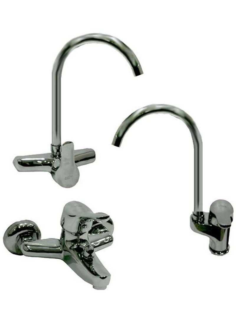 3-Piece Chinese Model Copper Shower Mixer With Kitchen Mixer And Bath Mixer Set Silver 30x4x60cm