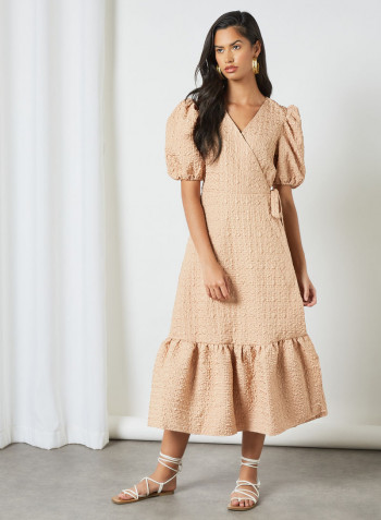 Textured Wrap Dress Beige