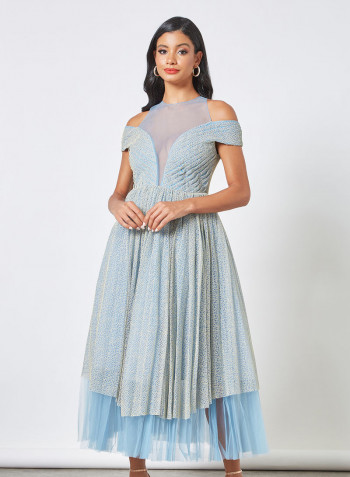 Cold Shoulder Layered Midi Dress Blue
