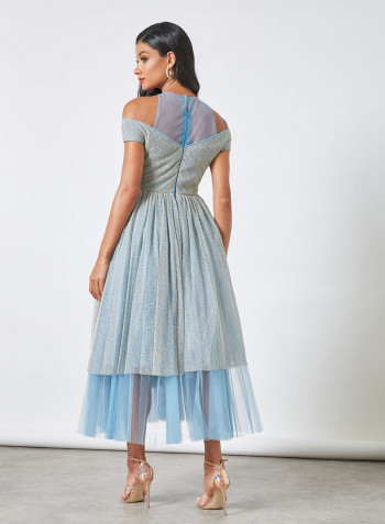 Cold Shoulder Layered Midi Dress Blue