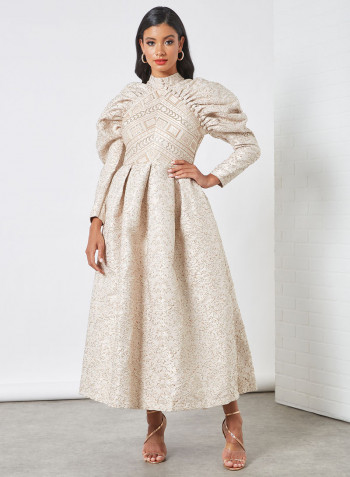 Dramatic Sleeve Jacquard Dress Beige