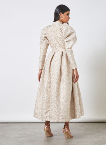 Dramatic Sleeve Jacquard Dress Beige