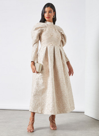 Dramatic Sleeve Jacquard Dress Beige