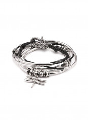 Leather Dragonfly Silver Plated Charm Bracelet
