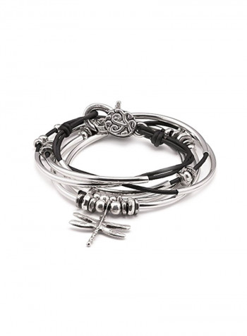 Leather Dragonfly Silver Plated Charm Bracelet
