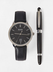 Men's Silver Dial Black Leather Watch with Ballpoint Pen Gift Set