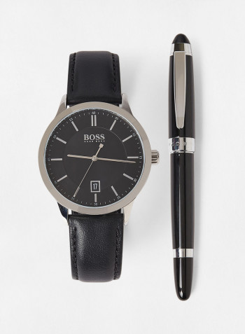 Men's Silver Dial Black Leather Watch with Ballpoint Pen Gift Set