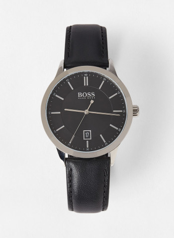 Men's Silver Dial Black Leather Watch with Ballpoint Pen Gift Set