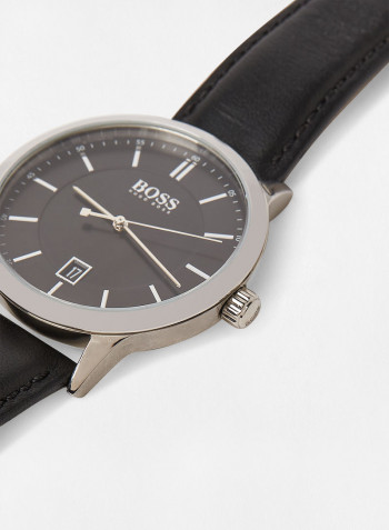 Men's Silver Dial Black Leather Watch with Ballpoint Pen Gift Set