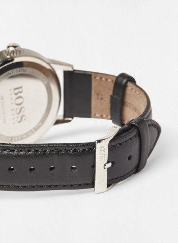 Men's Silver Dial Black Leather Watch with Ballpoint Pen Gift Set