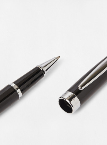 Men's Silver Dial Black Leather Watch with Ballpoint Pen Gift Set