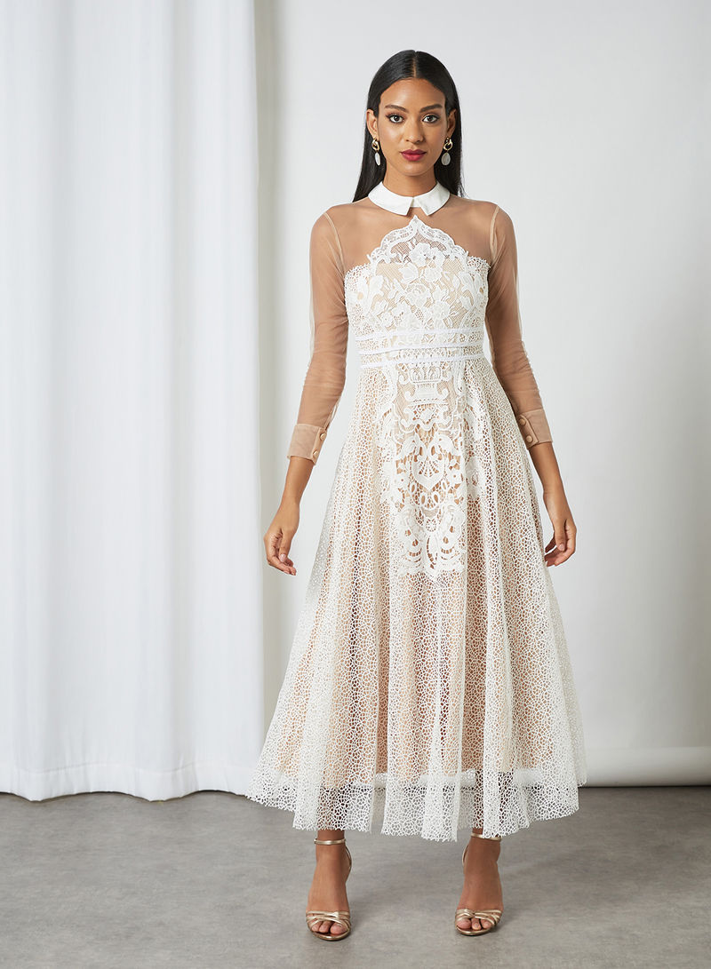 Crochet Applique Lace Dress Off White