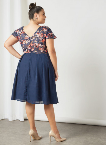 Plus size Floral Crochet Detail Dress Navy