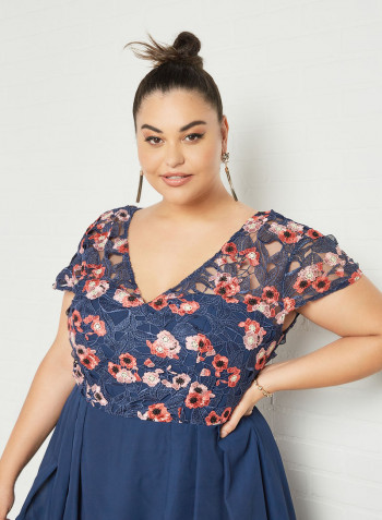 Plus size Floral Crochet Detail Dress Navy