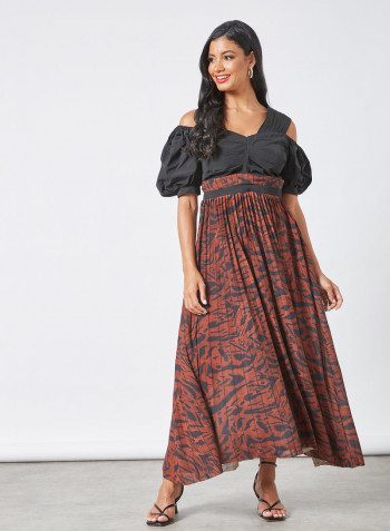 Printed Pleat Detail Dress Brown/Black