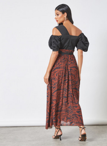 Printed Pleat Detail Dress Brown/Black