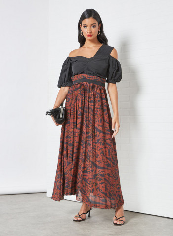 Printed Pleat Detail Dress Brown/Black