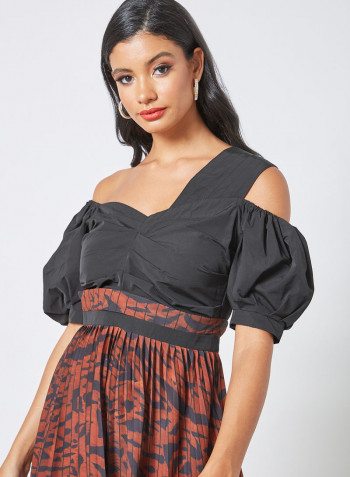 Printed Pleat Detail Dress Brown/Black