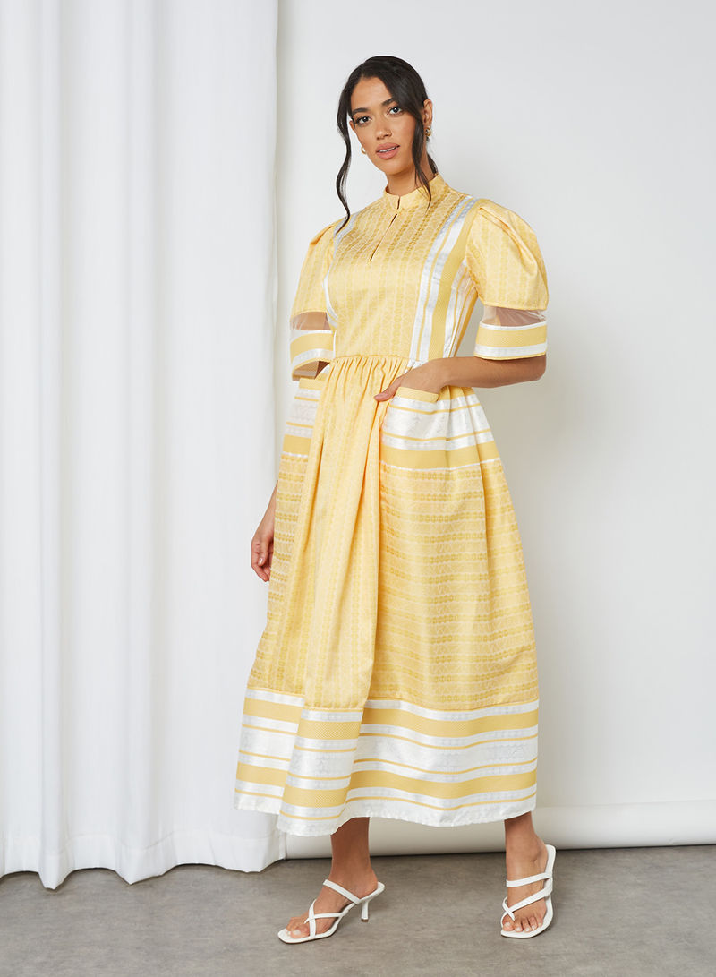 Puff Sleeve Self Fabric Midi Dress Yellow