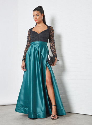 Lace Bodice Taffeta Detail Dress Teal/Black