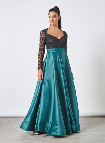 Lace Bodice Taffeta Detail Dress Teal/Black