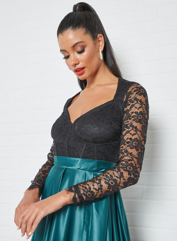 Lace Bodice Taffeta Detail Dress Teal/Black