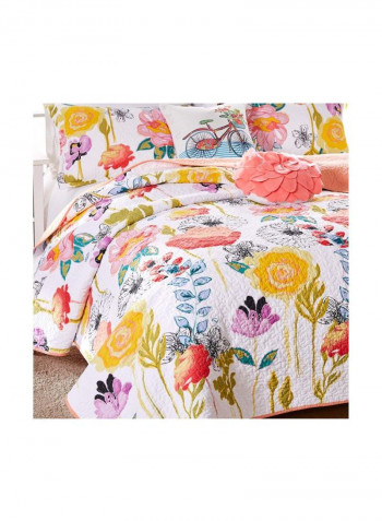 3-Piece Printed Quilt Set White/Yellow/Blue