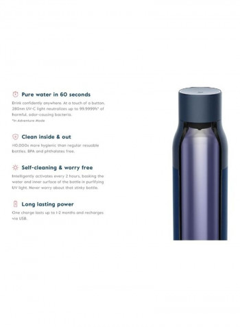 Self Cleaning USB Rechargeable Water Bottle Monaco Blue 26.4 x 7.6cm