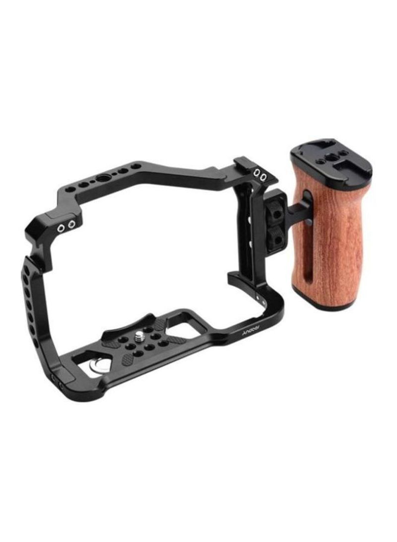 Aluminum Alloy Camera Cage Protective Vlog Cage with Wood Handle Black/Brown