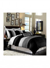 8-Piece Luxury Stripe Comforter Set Polyester Black/White/Grey Queen