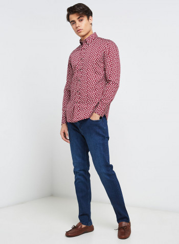 Full Sleeve Casual Cotton Printed Shirt Red