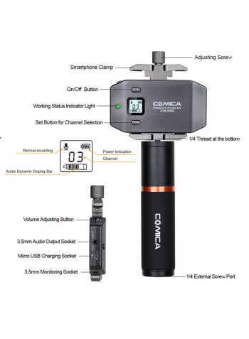 UHF Wireless Smartphone Lavalier Microphone System With Phone Holder, Grip And Carry Bag Black
