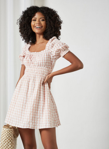 Gingham Print Broderie Dress Pink