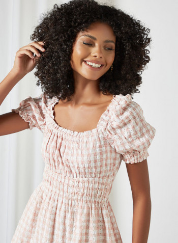Gingham Print Broderie Dress Pink