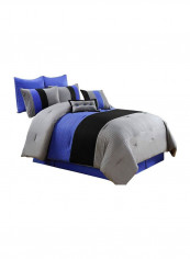 8-Piece Luxury Striped Comforter Set Polyester Grey/Black/Blue Queen