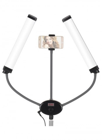 Dual Arm LED Lamp Fill Light with Flexible Hoses LCD Screen Phone Holder White/Black