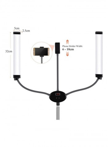 Dual Arm LED Lamp Fill Light with Flexible Hoses LCD Screen Phone Holder White/Black